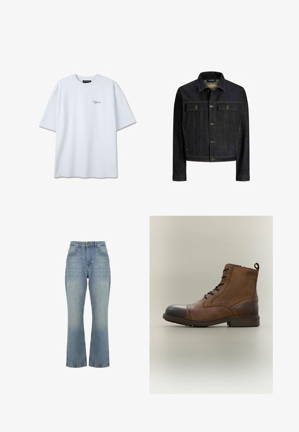Donkerblauw spijkerjasje met knopen aan de voorkant, twee borstzakken met klep, lange mouwen en contrasterende stiksels.; Wit T-shirt met korte mouwen, voorzien van een klein zwart "Pegador"-logo op de linkerborst, ronde hals en een losse pasvorm.; Lichtblauwe denim spijkerbroek met hoge taille, rechte pijpen, knoopsluiting aan de voorkant, riemlussen en twee voorzakken.; Bruine leren enkellaars met veters, zwarte neuskap, ronde zool en merkdetail aan de zijkant tegen een effen achtergrond.