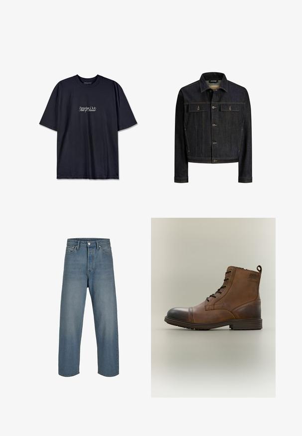 Dunkelblaue Jeansjacke mit Knopfleiste vorne, zwei aufgesetzten Brusttaschen mit Klappe, langen Ärmeln und kontrastierenden Nähten.; Schwarzes Baumwoll-T-Shirt mit Rundhalsausschnitt, auf der Vorderseite mit einem weißen Drucklogo "Pescador Club" und "Scent of Summer" versehen. Kurze Ärmel.; Hellblaue Denim-Jeans mit entspannter Passform, hoher Taille und geraden Beinen. Mit Fronttaschen und Knopfverschluss.; Brauner Leder-Schnürstiefel bis zum Knöchel mit schwarzer Zehenkappe, runder Sohle und Markenlabel an der Seite vor schlichtem Hintergrund.