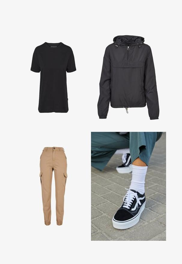 Schwarze Windjacke mit einem halben Reißverschluss vorne, verstellbare Kapuze, Fronttasche, elastischen Bündchen und einem verstellbaren Kordelzug am Saum.; Schwarzes Baumwoll-T-Shirt mit kurzen Ärmeln, rundem Halsausschnitt und aufgerollten Bündchen; mit einem dezenten Markenlabel am seitlichen Saum.; Beige Cargohose mit elastischen Bündchen, vorderer Knopf- und Reißverschluss, Gürtelschlaufen, seitlichen Klappentaschen und schlankem Schnitt.; Schwarze Wildledersneaker mit weißen Akzenten und Schnürsenkeln, ausgestattet mit einer dicken weißen Sohle und kontrastierenden Nähten, kombiniert mit einer weißen Socke.
