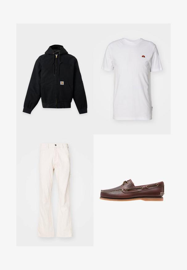 Veste noire à capuche zippée avec poches avant, cordons et un petit patch logo carré en bas au centre devant.; T-shirt blanc uni à manches courtes avec un petit logo en demi-cercle rouge et orange sur la partie supérieure gauche de la poitrine.; Pantalons évasés crème avec des rayures rouges verticales, dotés d'une fermeture à bouton, de poches latérales et d'un tissu lisse.; Chaussure bateau en cuir marron avec coutures blanches, détails de lacets et semelle en caoutchouc beige, vue de côté sur fond blanc.