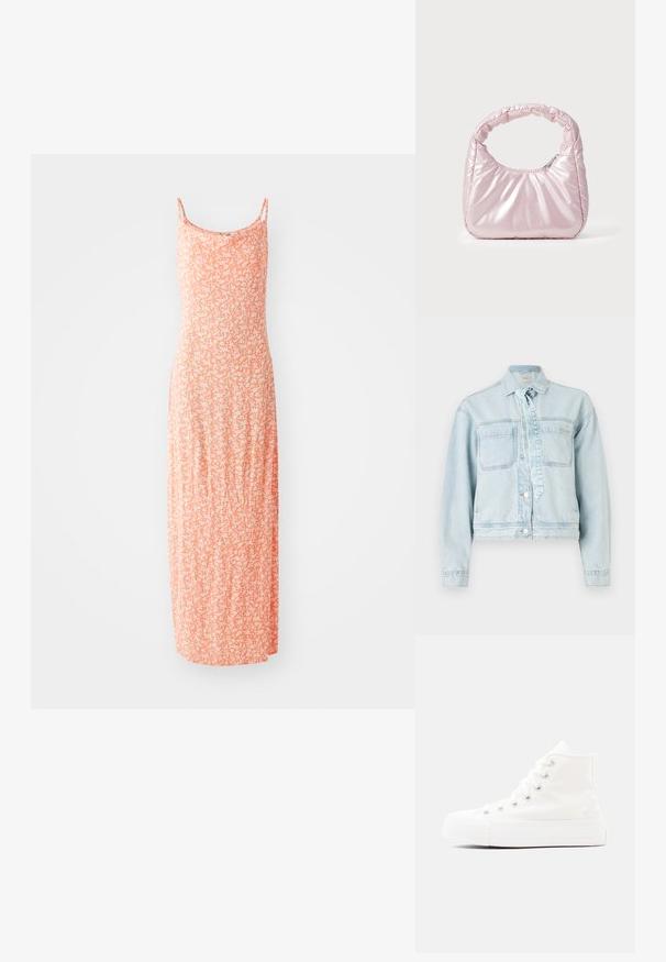 Veste en denim bleu clair avec deux poches poitrine, un col et une fermeture à boutons. Elle présente un détail à nouer et un design court.; Robe maxi en doux mélange de coton, de couleur orange clair avec un motif floral blanc, à fines bretelles et à la silhouette ajustée.; Baskets montantes en toile blanche avec lacets blancs, œillets argentés et une semelle en caoutchouc épaisse sur un fond gris clair.; Sac à main rose rembourré avec un design arrondi, fabriqué à partir d'un matériau brillant. Dispose d'une poignée froncée et d'une fermeture éclair pour un accès sécurisé.