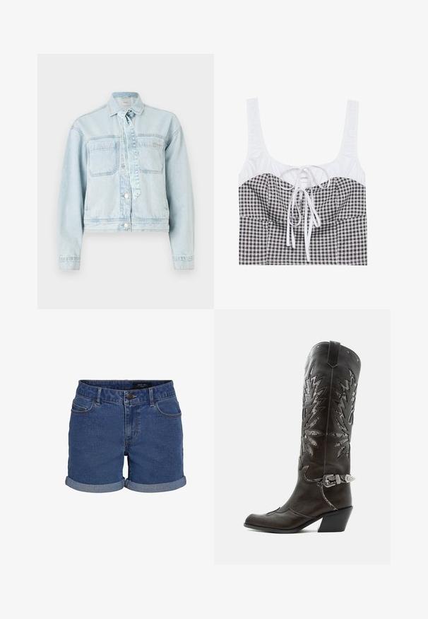 Lichtblauwe denimjack met twee borstzakken, een kraag en knoopsluiting. Beschikt over een strikdetail en een cropped ontwerp.; Zwart-witte geblokte crop top met een textuur bovenkant in wit, vierkante halslijn en verstelbare strik in het midden. Heeft brede schouderbanden.; Denim shorts in donkerblauw met een klassieke snit. Beschikt over opgerolde zomen, twee voorzakken en een knoopsluiting. Glad textuur.; Zwarte leren cowboylaars met decoratieve uitsnijdingen, zilveren gesp en schuine hak, weergegeven op een witte achtergrond.