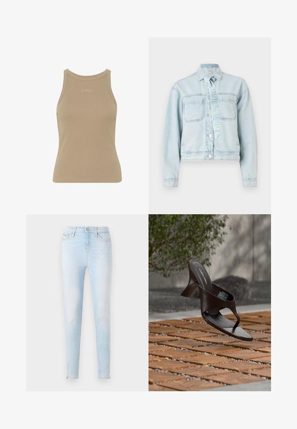 Hellblaues Jeansjackett mit zwei Brusttaschen, einem Kragen und Knopfschluss. Verfügt über ein Bindeband und einen verkürzten Schnitt.; Beige gerippter Tanktop mit rundem Ausschnitt, ärmellosem Design und kleinem geprägtem Logo in der Mitte der Vorderseite. Weiche Stoffstruktur.; Hellblaue Skinny-Jeans mit vorderer Knopfleiste, Reißverschluss und Taschen, auf einem schlichten hellen Hintergrund präsentiert.; Braune Calvin Klein Sandalette mit Absatz und Zehensteg, schwebend über einem Boden aus Holzfliesen und Kies im Freien, mit verschwommenem Grün und Stein im Hintergrund.