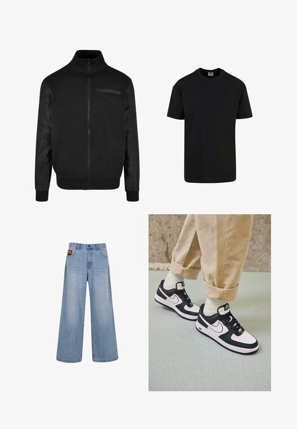 Mustal nööpidega jakki, millel on kõrge krae, soonilised mansetid ja sile tekstuur. Kätkeb väikest taskut vasakul ülal.; Urban Classics SHORTSLEEVE - Lihtne T-särk - black; Heledad sinine laiad teksad kõrge vöökoht ja väike värviline kudumisdetail, mis paistab parempoolsest esikotist välja.; Mustvalge Nike Air Force 1 tossud nahast pealsega, perforeeritud varbaga ja tekstuurse tallaga, kantud kergete beige pükstega, mille alumine serv on üles keeratud, ja valgete sokkidega.
