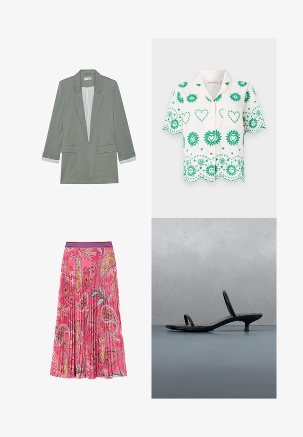 Lys grøn blazer med en struktureret design, enkeltknapslukning, to forlommer og stribede detaljer ved ærmerne. Lavet af blødt stof.; Kortærmet skjorte i hvidt stof, prydet med grønne sol- og hjerte-mønstre, med krave og lille brystlomme.; Lyserød plisseret nederdel med blomster- og paisleymønstre, med en kontrasterende turkise stribet talje. Lavet af letvægtsstof.; Sort Calvin Klein sandal med hæl og tynde stropper, balancerende på træfliser udendørs nær en væg og grønne planter.
