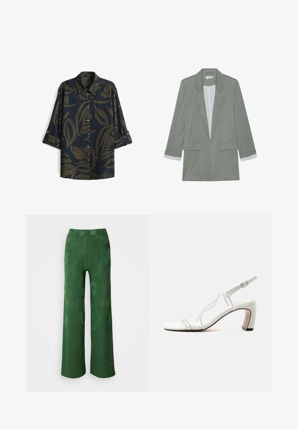 Helle grüne Blazer mit strukturiertem Design, Ein-Knopf-Verschluss, zwei Fronttaschen und gestreiften Ärmelabschlüssen. Hergestellt aus weichem Stoff.; Dunkelblaues Hemd mit einem Blattmuster in olivgrün. Verfügt über einen Kragen, Knöpfe und dreiviertellange Ärmel mit Manschetten. Glatte Stofftextur.; Anna Field Stoffhose - green; Weiße Riemchensandale mit quadratischer Spitze, schlanken Seitenriemen, Knöchelschnalle und geschwungenem Blockabsatz mit schwarzem Sohlenrand.