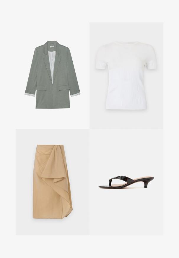 Lichtgroene blazer met een gestructureerd ontwerp, een knoopsluiting met één knop, twee voorzakken en gestreepte manchetdetails. Gemaakt van zachte stof.; Wit t-shirt met korte mouwen gemaakt van geribbelde gebreide stof. Voorzien van een ronde halslijn en een aansluitend silhouet. Overal een gladde textuur.; Beige wikkelrok van lichtgewicht stof met een asymmetrische draping, voorzien van een gegarneerde tailleband en een gladde textuur. Geen zichtbare sluitingen.; Glanzende donkere schildpad kittenheel-sandaal met teenslippersriempjes en kleine gebogen hak op een effen achtergrond.