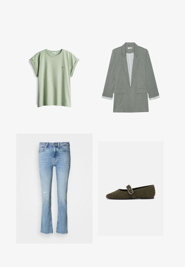 Lichtgroene blazer met een gestructureerd ontwerp, een knoopsluiting met één knop, twee voorzakken en gestreepte manchetdetails. Gemaakt van zachte stof.; Lichtgroene katoenen t-shirt met een relaxte pasvorm, opgerolde korte mouwen en een klein rond logo op de linkerborst.; Lichtblauwe denim flare jeans met distressed details, vijf zakken, knoopsluiting en een rafelige zoom bij de enkels.; Olijfgroene suède Mary Jane platte schoen met zilveren gespsluiting en afgeronde neus, getoond op een witte achtergrond.