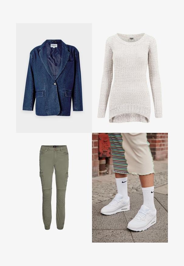 Donkerblauwe denim blazer met een gegoten revers, enkele knoopsluiting, twee voorkruistassen en een gladde binnenvoering.; Lichtbeige gebreide trui met een gestructureerd patroon, lange mouwen en een afgeronde zoom. Heeft een brede ronde halslijn en geribbelde manchetten.; Olijf groene cargobroek van een duurzame katoenmix met taps toelopende boorden, meerdere zakken en knievouwen voor extra bewegingsvrijheid.; Witte Nike Air Max 90 sneakers met een bovenwerk van mesh en leer, voorzien van een zichtbare luchtunit, gecombineerd met witte geribbelde sokken met een zwart logo.