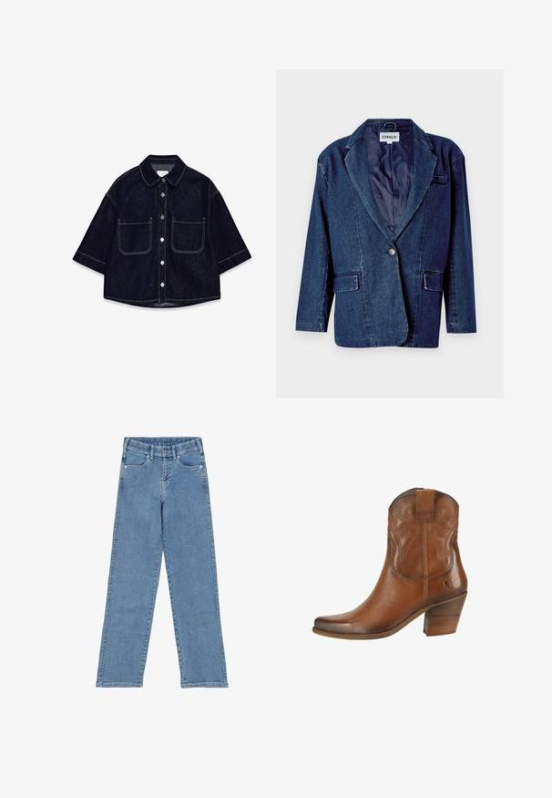 Donkerblauwe denim blazer met een gegoten revers, enkele knoopsluiting, twee voorkruistassen en een gladde binnenvoering.; Donkerdenim overhemd met korte mouwen, twee voorzakken met flappen, witte stiksels en een afgeronde kraag.; Lichtblauwe denim jeans met een hoge taille, rechte pijpen en voorzakken. Voorzien van een knoopsluiting en zilverkleurige hardware.; Felmini Cowboy-/Bikerlaarsjes - namibia