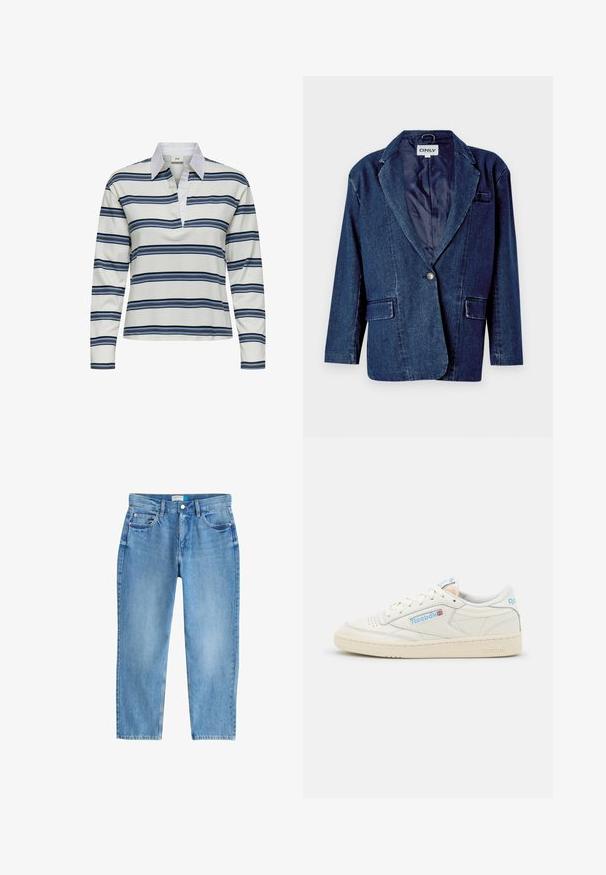 Dunkelblazer aus Denim mit Reverskragen, einreihiger Knopfverschluss, zwei vorderen Taschen und glattem Innenfutter.; Langarm-Poloshirt mit weißem Grund und horizontalen Streifen in Marineblau und Hellblau. Auffälliger weißer Kragen und weiche Baumwolltextur.; Hellblaue Denim-Jeans mit geradem Bein, fünf Taschen und Knopfverschluss, flach auf weißem Hintergrund ausgelegt.; Reebok-Sneaker aus beige Leder mit hellblauen Akzenten. Verfügt über eine perforierte Zehe, flache Schnürsenkel und eine strukturierte Gummisohle.
