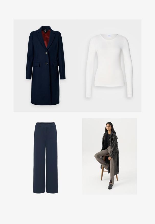 Marineblauwe wollen blend jas met een op maat gemaakt ontwerp, met een notch revers, enkelvoudige knoopsluiting en twee zijzakken. Gevoerd in bordeaux.; Witte lange mouwen shirt gemaakt van een zachte, gladde stof; heeft een ronde halslijn en een aansluitende vorm, zonder patronen of versieringen.; Navy wijde broek gemaakt van zachte stof, met een naadloze tailleband en zijzakken, met een schone en eenvoudige uitstraling.; Zwarte leren trenchcoat met knopen en riemdetails, gecombineerd met lichtbruine getailleerde broek en zwarte loafers, zittend op een houten kruk.