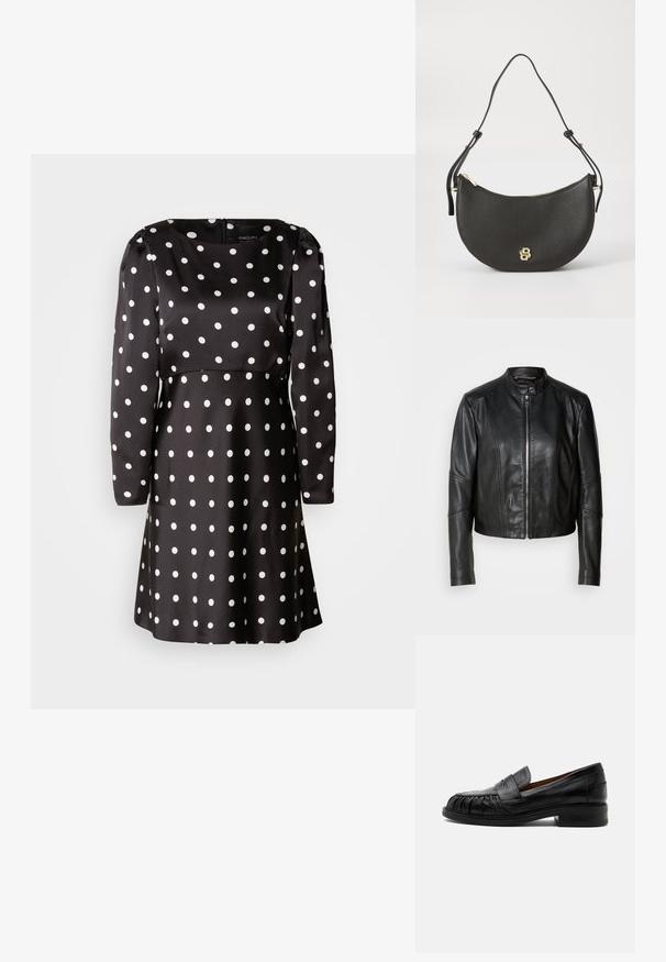 Veste en cuir noir avec un col haut, fermeture éclair sur le devant et coupe ajustée. Présente des coutures angulaires et une longueur courte. Texture lisse.; Robe noire à pois avec des manches longues et un col arrondi. Fabriquée en tissu lisse, elle présente des motifs circulaires blancs partout.; Mocassin en cuir noir avec un petit talon, des détails cousus à l'avant et une lanière décorative sur le cou-de-pied.; Sac à main en cuir noir de forme demi-lune, doté d'une fermeture éclair et d'un accent logo doré à l'avant. Sangle réglable incluse.