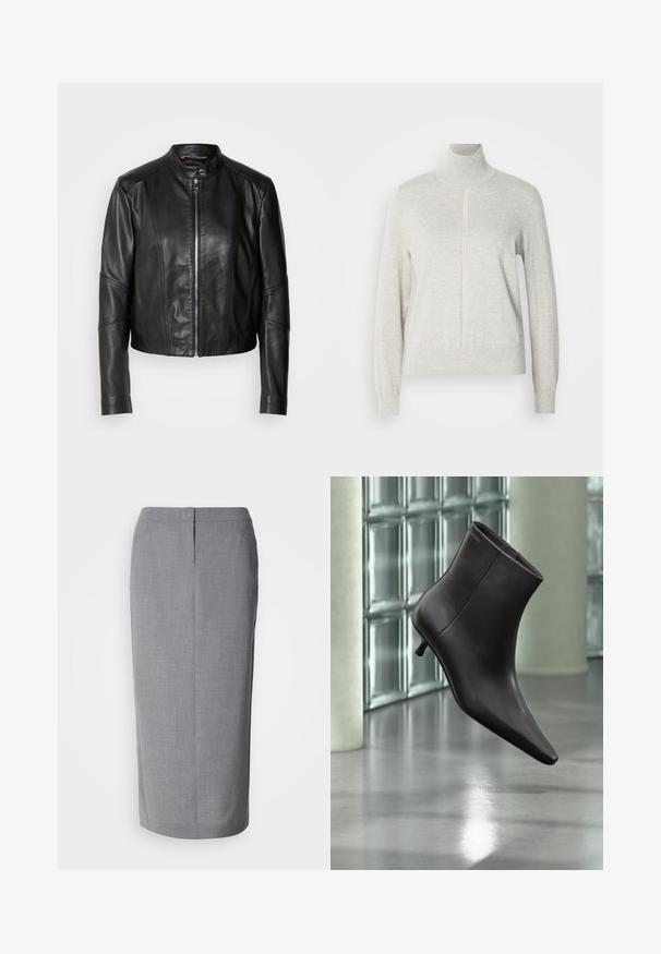 Veste en cuir noir avec un col haut, fermeture éclair sur le devant et coupe ajustée. Présente des coutures angulaires et une longueur courte. Texture lisse.; Pull léger gris avec un col haut et une fermeture éclair quart. Fabriqué à partir d'un matériau doux et texturé, il présente des manches longues et un ourlet ajusté.; Jupe crayon grise en tissu texturé, dotée d'une coupe droite, d'une fente au dos et d'une fermeture éclair dissimulée à l'arrière.; Bottine en cuir noir avec bout pointu et petit talon, présentée devant un mur en blocs de verre et un sol poli.