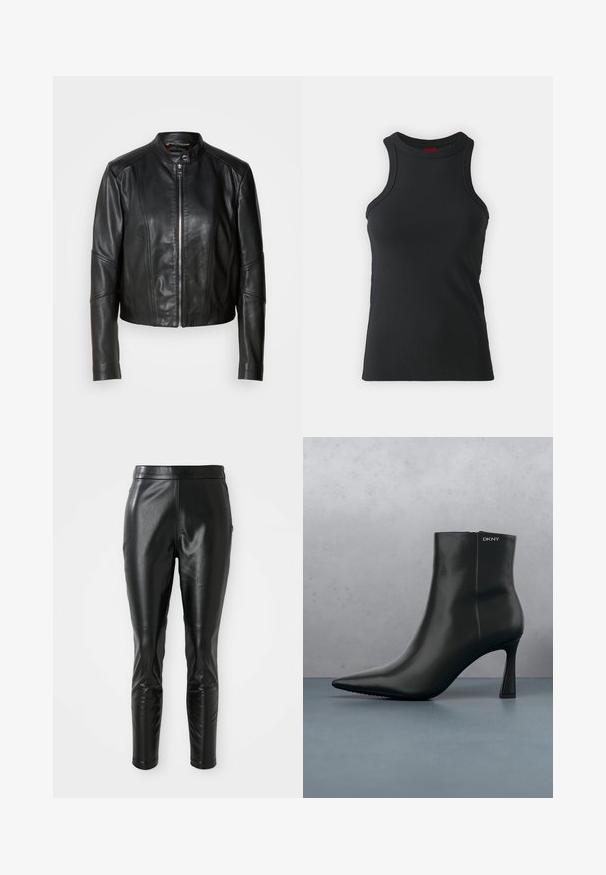 Schwarze Lederjacke mit hohem Kragen, Frontreißverschluss und tailliertem Design. Verfügt über schräge Nähte und eine kürzere Länge. Glatte Textur.; Schwarzes ärmelloses Top aus dehnbarem Material. Mit Rundhalsausschnitt und taillierter Silhouette sowie minimalistischen Nähdetails.; Schwarze Lederhosen mit schmaler Passform, die über eine glatte Textur und einen hohen Bund verfügen. Die Details umfassen Knieakzente für ein zusätzliches Design.; Schwarze Leder-Stiefelette mit spitzem Zehenbereich und einem geometrischen Absatz. Verfügt über dezente Branding-Elemente und eine glatte Textur. Der Hintergrund zeigt strukturierte Fliesen.