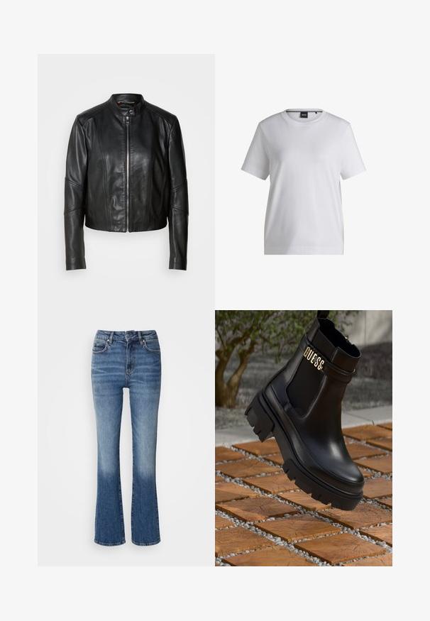 Veste en cuir noir avec un col haut, fermeture éclair sur le devant et coupe ajustée. Présente des coutures angulaires et une longueur courte. Texture lisse.; T-shirt en coton blanc avec un col rond, des manches courtes et une coupe décontractée. Il présente une petite étiquette de marque près du col.; Jean flare en denim avec un dégradé de bleu clair à foncé, taille haute, cinq poches et un léger délavage sur le bas des jambes.; Bottine en cuir noir avec une semelle en caoutchouc épaisse, des panneaux latéraux élastiques et un accent doré avec le logo "GUESS".