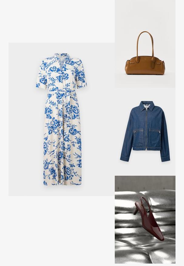 Denimjakke i mørkeblå med krave, frontlynlås og to brystlommer. Har synlige syninger og en cropped design.; Hvid midikjole med blåt blomstermønster, korte ærmer, krave, knapper foran og bælte i taljen.; Rød laklædersko med slingback, spids snude og lav hæl, med en guldsmykke nær ankelremmen.; Brun lædertaske med glat overflade, rund form, dobbelte hanke og et dekorativt mærke. Har diskrete syninger og et strømlinet design.