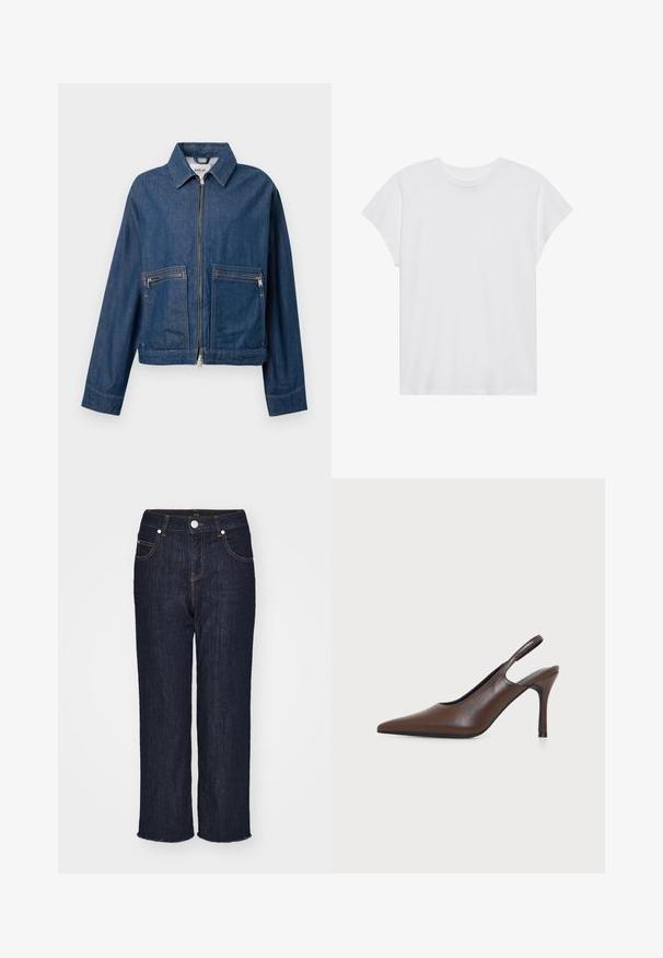 Donkerblauwe denimjack met een kraag, voorkant met rits en twee borstzakken. Heeft zichtbare stiksels en een cropped ontwerp.; Witte t-shirt met korte mouwen, ronde hals, relaxte pasvorm, gemaakt van zacht katoen. Glad textuur, geen patronen of logo's.; Donkerblauwe denim jeans met een rechte pijpdesign, vijf zakken en een raw hem. Voorzien van contrasterende stiksels en een metalen knoopsluiting.; Bruine leren slingback pumps met spitse neus en dunne naaldhak op een effen lichte achtergrond.