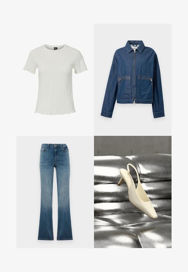 Tumesinine denim-jakk, millel on krae, eest lukuga sulgemine ja kaks rinna Taskut. Omab nähtavat õmblustööd ja lühikest disaini.; Valge lühikeste varrukatega topp, millel on ribakujuline tekstuur, ümar kaelus ja lõhikesed servad, loodud sobima keha siluetti.; Sinise denimeast flared teksad, millel on gradueeruv fade tumedast heledaks. Uuendatud traditsioonilise vöökoha, viie tasku ja esi-nupuga kinnitusega.; Kreemjas slingback-stiilis kassikandaga king ruudukujulise ninaosaga, mis toetub läikivale hõbedasele tuftitud nahkpinnale.