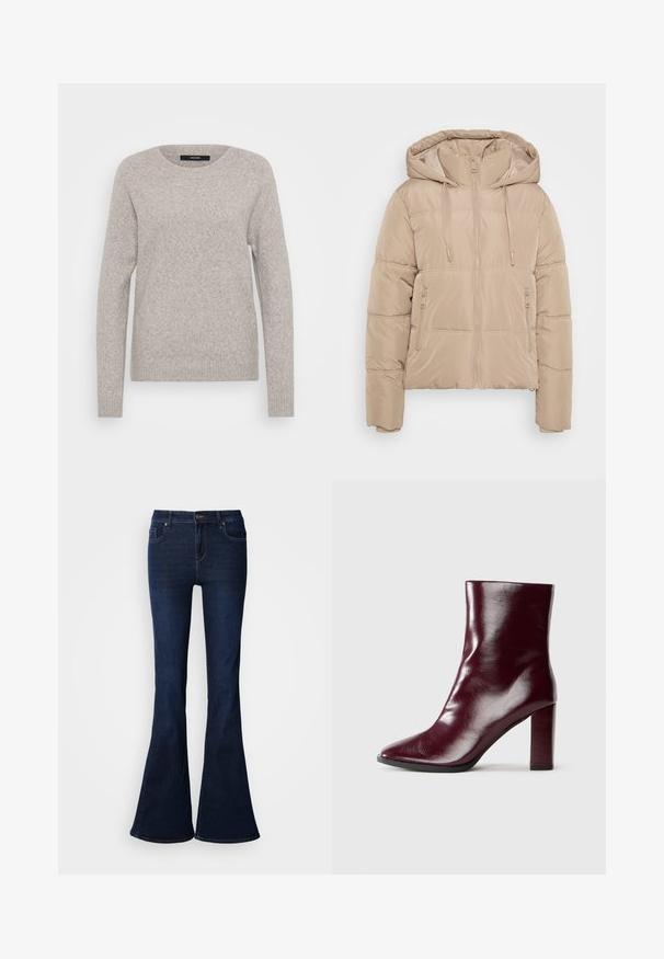 Veste d'hiver matelassée beige avec capuche, fermeture éclair à l'avant, cordons de serrage et deux poches latérales zippées, présentée sur fond blanc.; Pull gris clair en maille douce. Il présente un col rond et des manches longues avec des côtes aux poignets et à l'ourlet. Design simple.; Jean denim bleu foncé évasé à taille haute, avec cinq poches et une fermeture éclair à l'avant. Texture lisse et design classique.; Botte en cuir bordeaux foncé brillant mi-mollet avec bout pointu et talon bloc haut sur fond neutre.