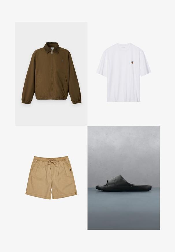Chaqueta marrón con cremallera, puños elásticos, dos bolsillos laterales y un cuello oscuro, mostrada sobre un fondo claro y liso.; Camiseta de algodón blanca de manga corta, con un pequeño diseño bordado de palmeras en una maceta en el área del lado izquierdo del pecho.; Pantalones cortos de algodón beige con cintura elástica y cordón, que cuentan con bolsillos laterales y un ajuste relajado. Textura simple y suave sin patrones.; Chancla de goma negra con punta abierta, plantilla texturizada y logotipo grabado "BOS". Mostrada sobre un fondo de baldosas de madera y grava.