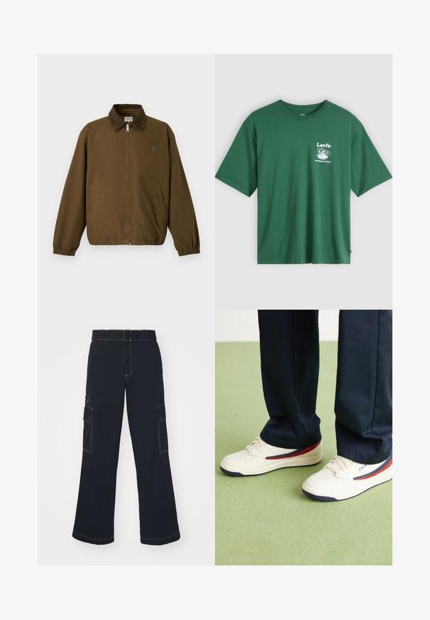 Brun lynlåsjakke med elastiske manchetter, to sidelommer og en mørk krave, vist mod en ensfarvet lys baggrund.; Grøn bomulds-T-shirt med rund hals, korte ærmer og hvidt grafisk tryk med "Levi's" og en illustration på forsiden.; Sorte cargo bukser med brede ben, der har to sidelommer, kontrasterende syninger og en standard talje. Blødt bomuldsstof.; Hvide sneakers med røde og marineblå accenter, der har en glat læderlignende overdel og perforerede detaljer, parret med mørke bukser.