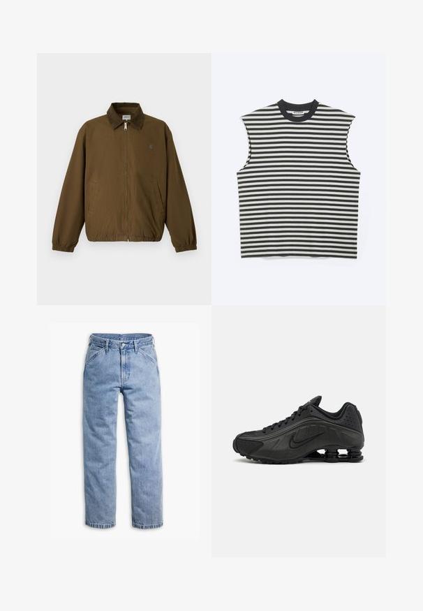 Braune Jacke mit Reißverschluss, elastischen Bündchen, zwei seitlichen Taschen und dunklem Kragen, vor einem schlichten hellen Hintergrund dargestellt.; Ärmelloses schwarz-weiß gestreiftes Top mit rundem schwarzem Halsausschnitt und einem "WEEKDAY"-Etikett innen im Kragen.; Hellblaue gerade geschnittene Jeans mit vorderem Knopf- und Reißverschluss, Gürtelschlaufen und schrägen Vordertaschen.; Schwarze Laufschuhe mit einem glatten synthetischen Obermaterial, durchbrochenen Akzenten, strukturierten Seitenpaneelen und einer ausgeprägten federnden Sohle.