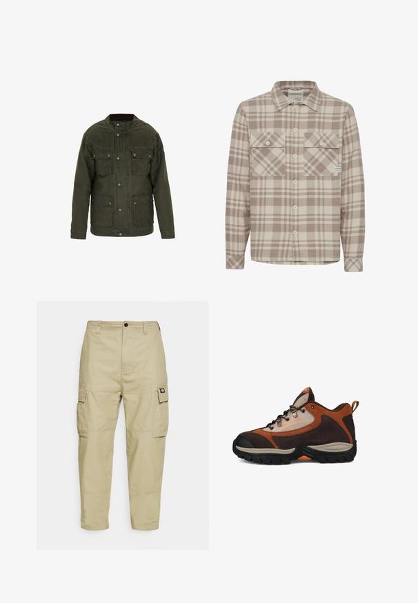 Olivenfarvet, bomuldsblandet jakke med høj krave, front snap-lukninger og fire forlommer. Har en struktureret design og en tekstureret overflade.; Stribet flannel skjorte i beige og brune nuancer. Har to brystlommer, knaplukning foran og lange ærmer med spidse kraver.; Beige cargo bukser lavet af slidstærkt stof, med to sidelommer, knaplukning og smalle ben med en glat overflade.; Brun og beige vandresko med sort sål, metaløjer, bånd ved hælen og "DC SHOE CO USA" branding på siden.