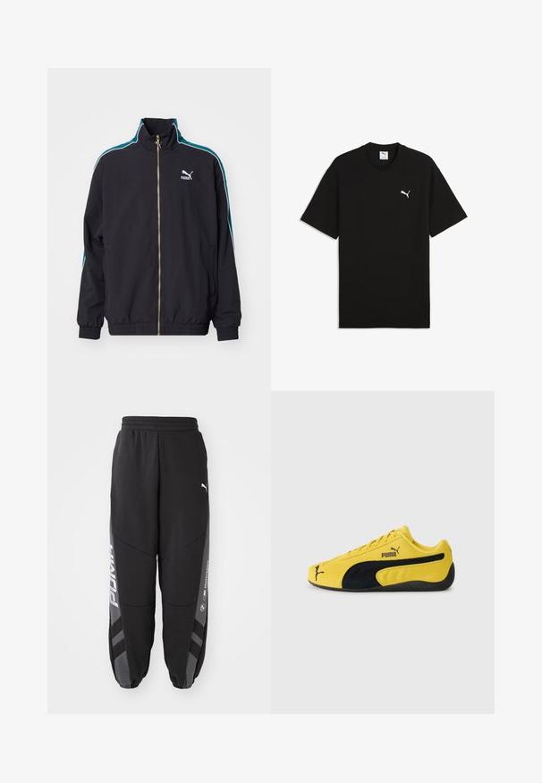 Puma T7 PLAY.LOUD. TRACK - Chaqueta de entrenamiento - puma black; Camiseta negra de manga corta con cuello redondo y pequeño logo blanco de Puma en el pecho izquierdo.; Pantalones de chándal negros hechos de material suave. Con cinturilla elástica, piernas ajustadas, detalles en gris y logotipos blancos en los laterales.; Zapatillas de ante amarillas con acentos de ante negro. Presentan una suela texturizada, diseño de cordones y el logo de Puma en el costado y la lengüeta.