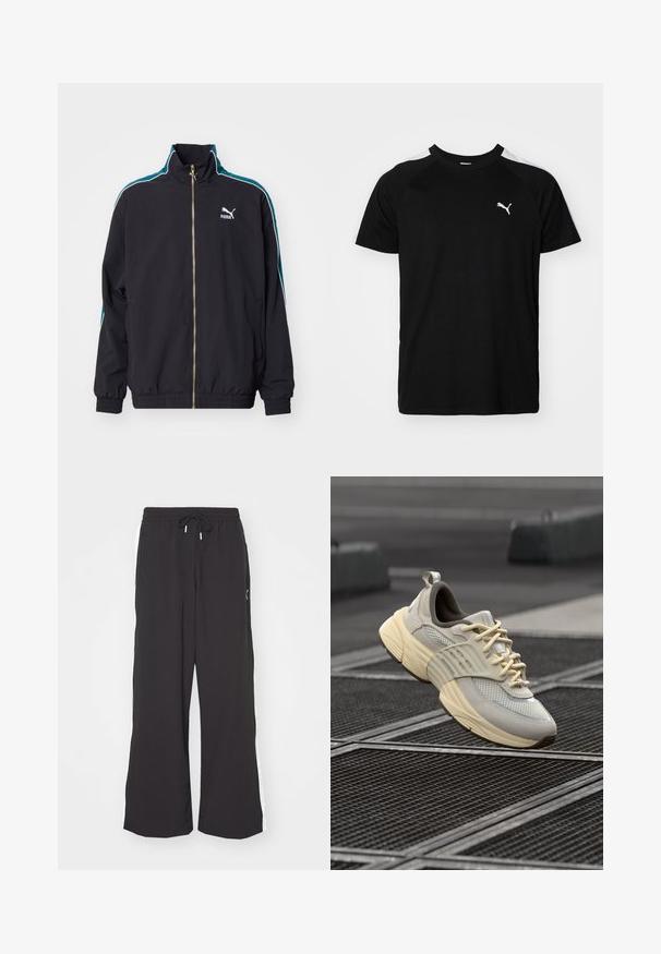 Puma T7 PLAY.LOUD. TRACK - Træningsjakke - puma black; Sort kortærmet t-shirt med hvide accentstriber på skuldrene, rund halsudskæring og lille hvidt logo på venstre bryst. Blødt stof, klassisk pasform.; Sorte sweatpants med vid benvidde, elastisk talje og snor. Har hvide sidestriber og to sidelommer. Glat overflade.; Beige mesh sneakers med lysegrå accenter, tekstureret sål og flade snørebånd, med en polstret krave og en formet gummisål.