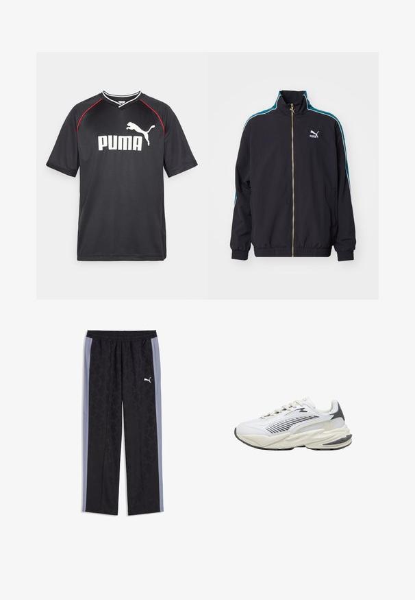 Puma T7 PLAY.LOUD. TRACK - Trainingsjacke - puma black; Schwarzes Puma-Sport-T-Shirt mit kurzen Ärmeln, weißem Logo, roten Akzenten entlang der Schultern und einem V-Ausschnitt. Hergestellt aus leichtem Material.; Schwarze und graue Puma-Trainingshose mit dezentem geometrischem Muster und elastischem Taillenbund, mit weißem Puma-Logo am rechten Oberschenkel.; Weißer und hellgrauer Sportschuh mit dicker Sohle, seitlichen Belüftungsstreifen, Schnürverschluß und schwarzen Akzenten an Ferse und Sohle.
