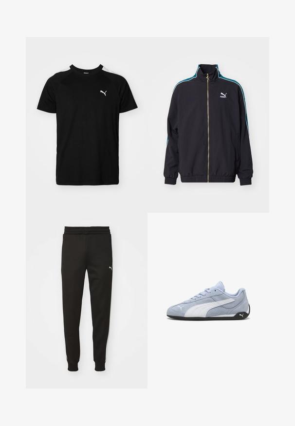 Puma T7 PLAY.LOUD. TRACK - Trainingsjacke - puma black; Schwarzes Kurzarm-T-Shirt mit weißen Akzentstreifen auf den Schultern, runden Halsausschnitt und kleinem weißen Logo auf der linken Brust. Weicher Stoff, klassische Passform.; Schwarze Sporthose mit schmalem Schnitt, elastischem Bund, Seitentaschen und weißen Seitestreifen. Mit einem kleinen Logo auf dem linken Oberschenkel.; Hellblauer Wildleder-Sneaker mit weißen Akzenten, perforierter Textur und schwarzer Gummisohle. Verfügt über Schnürsenkel und ein seitliches Logo.