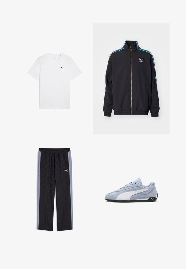 Puma T7 PLAY.LOUD. TRACK - Trainingsvest - puma black; Witte katoenen T-shirt met korte mouwen en een ronde hals, met een klein zwart Puma-logo op de bovenste linkerborst.; Zwarte en grijze Puma trainingsbroek met subtiel geometrisch patroon en elastische tailleband, met een wit Puma-logo op de rechterdij.; Lichtblauwe suède sneaker met witte accenten, geperforeerde structuur en zwarte rubberen zool. Voorzien van veters en een logo aan de zijkant.