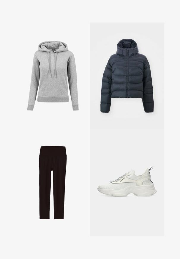 Salomon OUTLINE CROP - Doudoune - deep black; Haut à capuche gris en coton, équipé d'une capuche avec cordon de serrage, de manches longues, de poignets côtelés et d'un ourlet. Design uni sans motifs.; Leggings noirs taille haute, longueur cheville, avec une large ceinture, présentés sur un fond blanc.; Baskets tricotées blanches avec semelle épaisse, fermeture à lacet avec toggle, languette au talon et détails texturés sur la semelle intermédiaire, montrées en vue de côté.