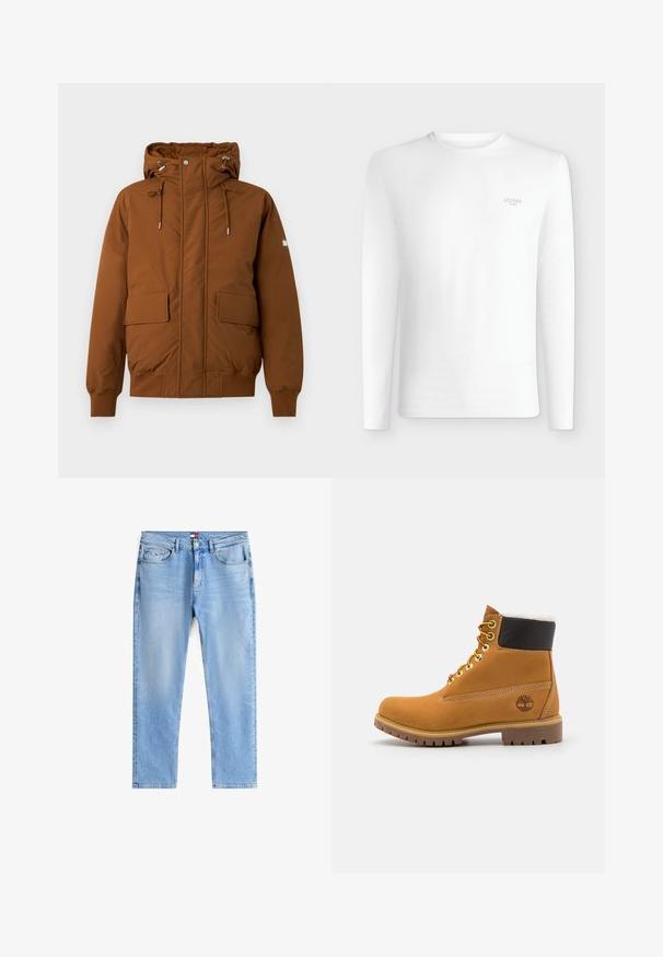 Bruine hooded jacket met een rits aan de voorkant, twee grote voorzakken, een koord in de capuchon en elastische manchetten. Getextureerde, warme stof.; Witte lange mouwen T-shirt met ronde hals en klein "GUESS Los Angeles" logo op de linkerborst.; Lichtblauwe straight-leg spijkerbroek met voor- en achterzakken, ritsvlieg en klein logopatch op de rechter voorzak.; Bruine leren enkellaars met metalen oogjes, witte faux bont voering, zwarte gewatteerde kraag, robuuste zool en een reliëflogo aan de zijkant.