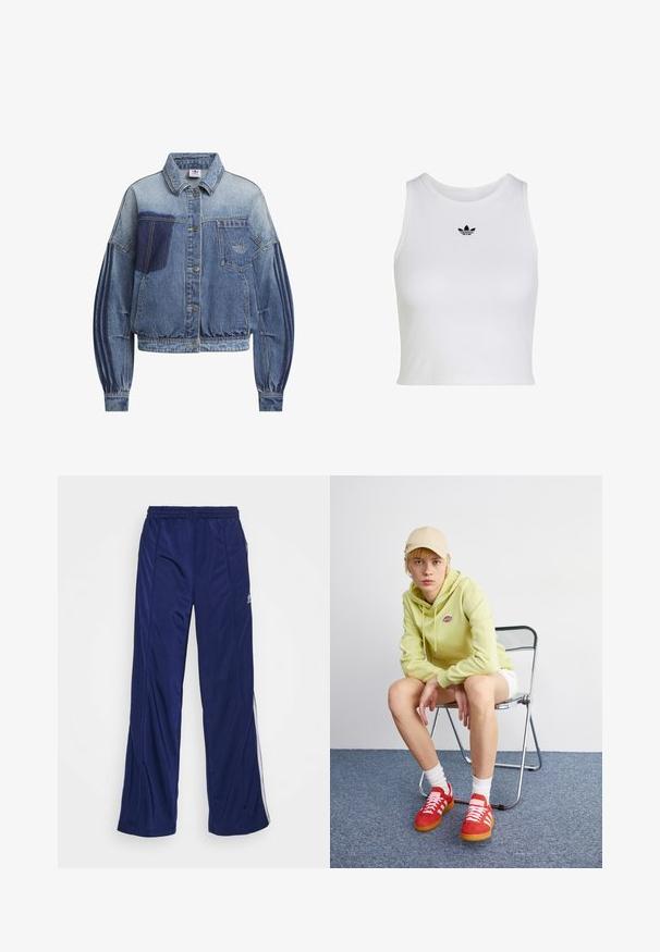 Veste en denim de différentes nuances de bleu avec un devant boutonné, de longues manches bouffantes et un logo brodé sur la poche poitrine.; Crop top blanc sans manches avec col rond et petit logo noir Adidas trefoil centré sous le col.; Pantalons de sport navy avec une taille élastique, jambes droites et zippers sur les côtés. Présente des passepoils blancs le long des côtés. Texture de tissu lisse.; Un sweat à capuche vert clair avec logo, un short blanc, des baskets rouges avec rayures blanches, assis sur une chaise pliante en chrome contre un fond neutre.