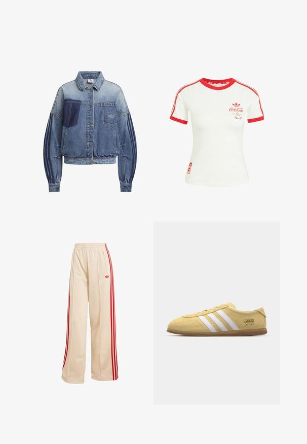 Spijkerjack in verschillende blauwtinten met een knoopsluiting aan de voorkant, lange pofmouwen en een geborduurd logo op het borstzakje.; Wit T-shirt met korte mouwen, rode kraag, mouwzoom, strepen en Coca-Cola-logo op de borst en onderzijde.; Beige wijde joggingbroek met elastische tailleband, rode zijstrepen, ritszak en rood Adidas Trefoil-logo op de rechterdij.; adidas Originals GAZELLE LO PRO W - Sneakers laag - almost yellow/footwear white