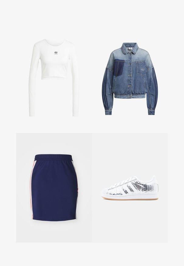 Denimjakke i forskellige nuancer af blå med knaplukning foran, lange pufærmer og et broderet logo på brystlommen.; Hvid cropped langærmet skjorte lavet af ribbet bomuld. Har rund hals og lille sort Adidas-logo på brystet.; Marineblå atletisk nederdel med elastisk talje, med hvide og røde sidepaneler, glat tekstur og tætsiddende design.; Sneakers med sølvfarvet slangeskindsmønster, hvide læderdetaljer, gummisål, tre striber og rund snude. Har snørelukning.