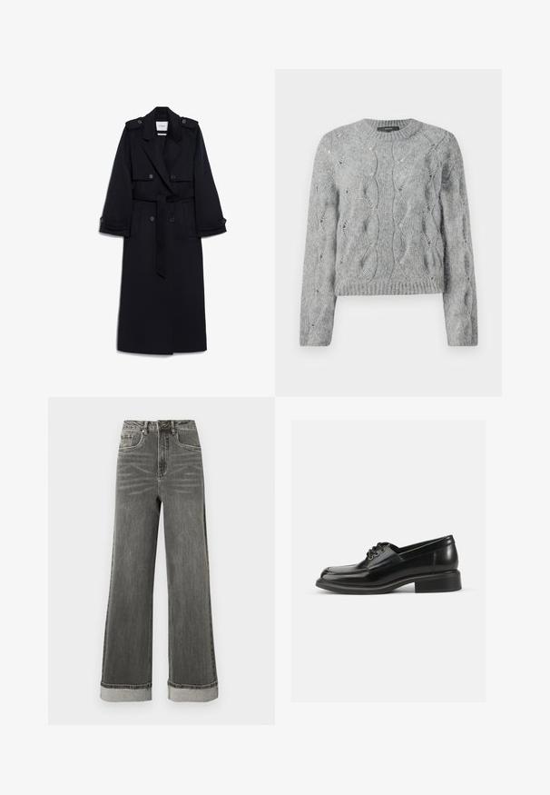 Trench coat largo de color marino, hecho de una mezcla de lana, con un frente de doble botonadura, cintura ceñida con cinturón, hombreras y bolsillos laterales.; Suéter gris de punto trenzado de manga larga con cuello redondo y puños y dobladillo acanalados, presentado sobre un fondo blanco.; Vaqueros de mezclilla gris de pierna ancha con cintura alta, cinco bolsillos y dobladillos remangados. La tela tiene una textura ligeramente desgastada con costuras visibles.; Zapato de dress de cuero negro con textura suave, puntera redondeada, dos ojales para cordones y un sólido tacón cuadrado. Diseño simple sin patrones.