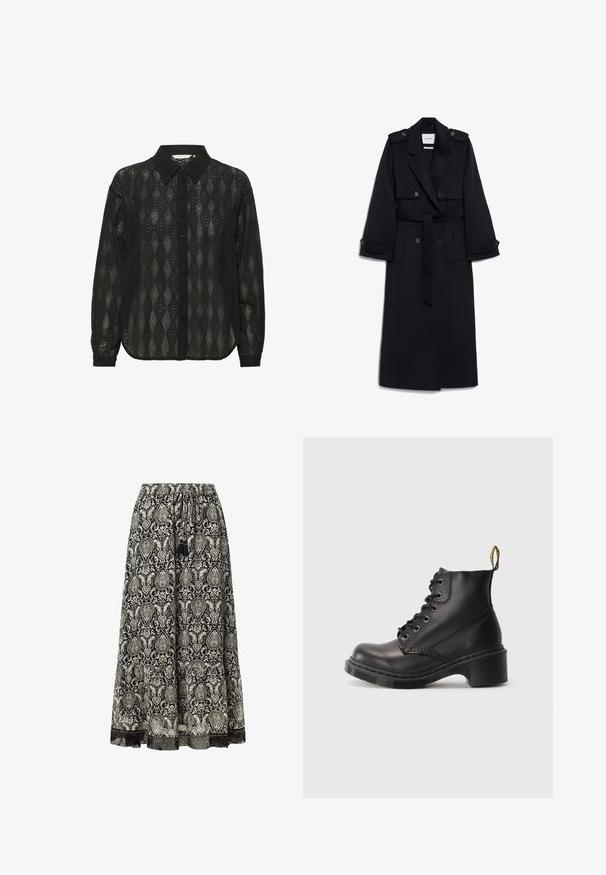 Lang navy trench coat lavet af uldblanding, med dobbeltradet front, bælte i taljen, skulderlapper og sidelommer.; Sort skjorte med knapfront lavet af gennemsigtig stof med et diamantmønster og spidse kraver. Lange ærmer med knapmanchetter.; Pepe Jeans W11 EARN - A-snit nederdel - black; Sorte læder ankelstøvler med rund tå, snørebåndsdesign og struktureret gummikalv. Har en gul sløjfe bagpå for nem påtagning.