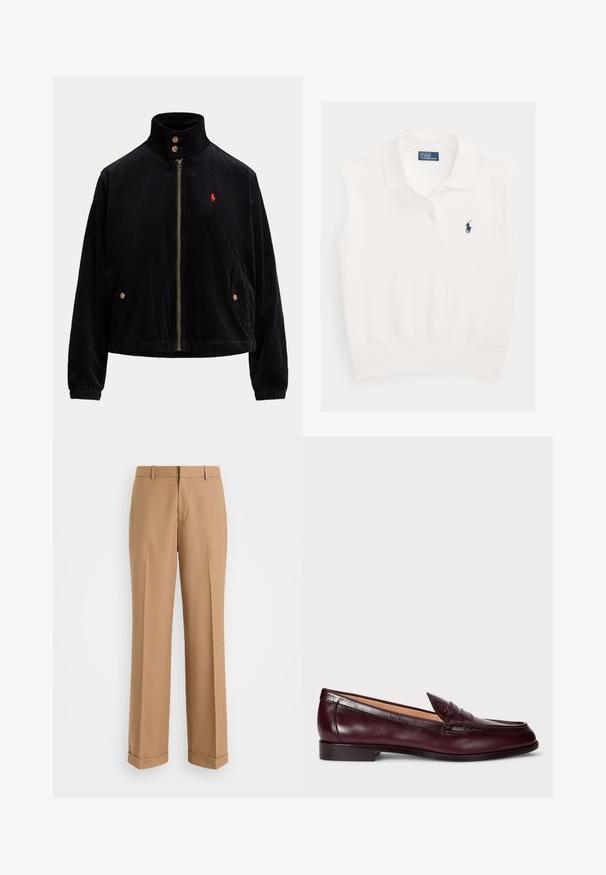 Schwarze Kordjacke mit Frontreißverschluss, zwei geknöpften Taschen, hohem Kragen mit zwei Knöpfen und kleinem roten gesticktem Logo auf der Brust.; Weißes ärmelloses Poloshirt mit Kragen, zwei Knöpfen und marineblauem Ralph Lauren Polo-Spieler-Logo auf der linken Brustseite.; Beige maßgeschneiderte Hose mit geradem Bein, aus weichem Stoff, mit einer mittigen Bügelfalte und umgeschlagenen Säumen.; Burgunderfarbene Lederloafers mit glatter Oberfläche, rundem Zehenbereich, dekorativer Naht und niedrigem Absatz. Das Innere ist mit einem weichen beigen Futter ausgestattet.