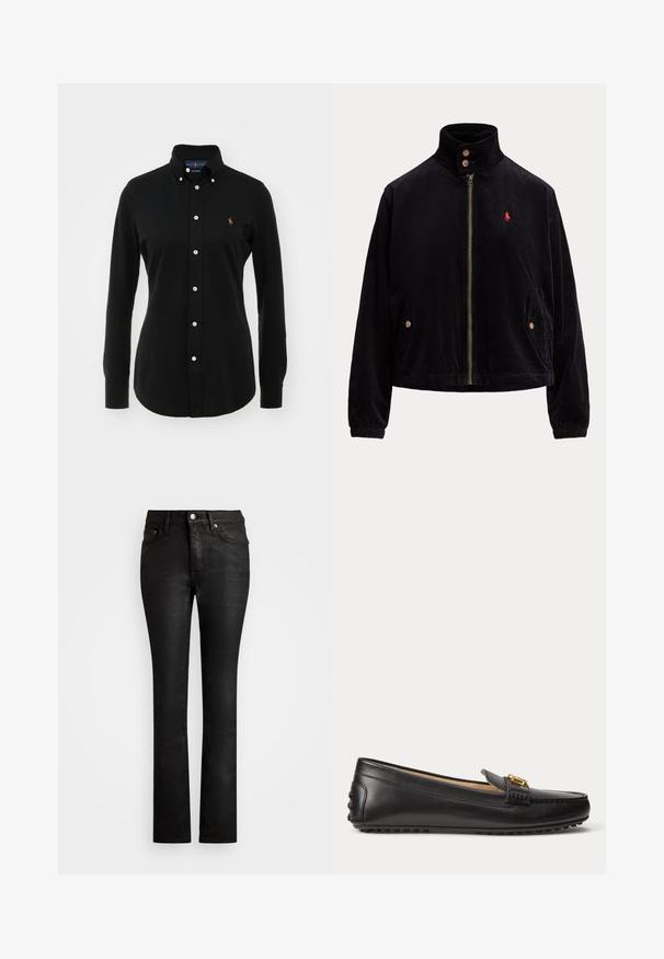 Zwarte corduroy jas met rits aan de voorkant, twee met knopen afsluitbare zakken, hoge kraag met twee knopen en klein rood geborduurd logo op de borst.; Zwarte longsleeve shirt van katoen met een button-down kraag, voorzien van witte knopen en een klein geborduurd logo op de borst.; Zwarte denim jeans met een rechte pijp, voorzien van een klassieke vijf-pocket stijl en een sluiting met een knop aan de voorkant. Soepele textuur.; Zwarte leren loafer met gouden gespdetail en rubberen zool met noppen, zijaanzicht op witte achtergrond.