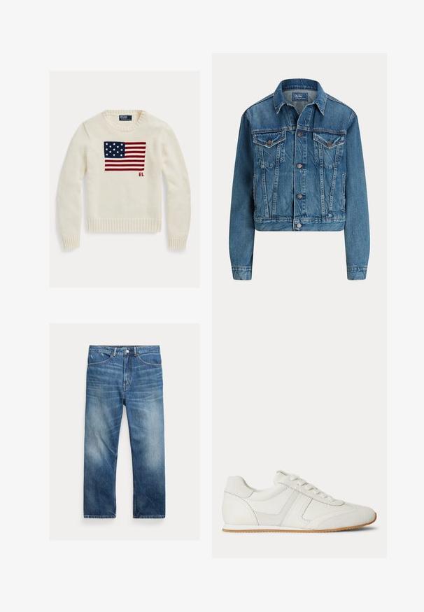 Heledatud denim-jakk helesinisena, millel on nööbikinnitus, kaks rinna taskut ja peened kulumisdetailid. Klasikaline krae ja pikad varrukad.; Kreemjas kootud kampsun, millel rinnal on Ameerika lipp ja väiksed "RL" algtähed lipu all paremal pool.; Sinised pestud teksapüksid sirgete sääremudelitega, esitaskute, vööaasa ja tuhmumise detailidega reitel ja põlvedel.; Valge madala säärega toss esikäepäradega, seemisnahast ja nahast paneelidega ning helepruuni kummipõhjaga, valgel taustal.