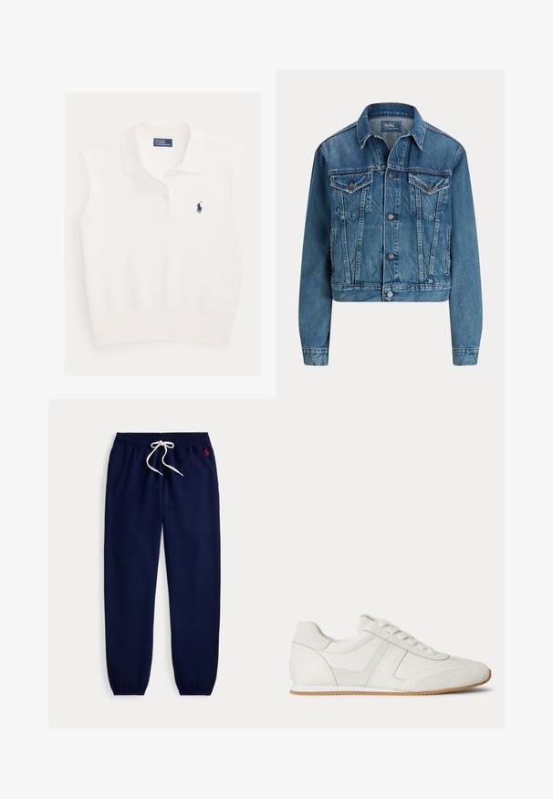 Heledatud denim-jakk helesinisena, millel on nööbikinnitus, kaks rinna taskut ja peened kulumisdetailid. Klasikaline krae ja pikad varrukad.; Valge varrukateta polosärk kraega, kahe nööbi ja tumesinise Ralph Laureni polomängija logoga vasakul rinnal.; Tumesinised dressipüksid elastse vöö ja mansettidega, valge pael, väike punane logo ülemisel vasakul küljel.; Valge madala säärega toss esikäepäradega, seemisnahast ja nahast paneelidega ning helepruuni kummipõhjaga, valgel taustal.