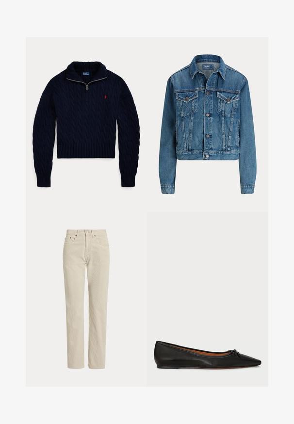 Kort denimjakke i lys blå, med knaplukning, to brystlommer og diskrete slidser. Klassisk krave og lange ærmer.; Mørkeblå kabelstrikket sweater med halvlange lynlås-krave og rød Polo Ralph Lauren-logo broderet på brystet.; Beige, lige-benede fløjlsbukser med bæltestropper, frontknap, lynlås og frontlommer.; Sorte læderballetflade med spids tå, slank silhuet og en lille sløjfedetalje på forsiden. Glat tekstur og minimalistisk design.