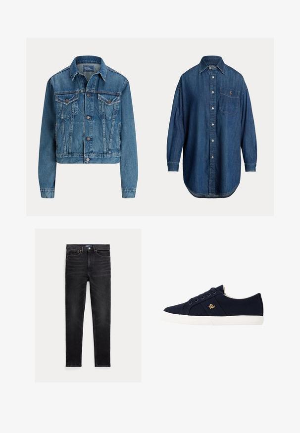 Heledatud denim-jakk helesinisena, millel on nööbikinnitus, kaks rinna taskut ja peened kulumisdetailid. Klasikaline krae ja pikad varrukad.; Sinise teksapüksist pikkade varrukatega nööbitav särk rinnataskuga, millel on väike tikitud logo ja klassikaline krae.; Mustad slim-fit teksapüksid viie taskuga, nööpidega kinnitatav ja Polo brändi sildiga vöökohal, tasapinnal valgel taustal.; Lauren Ralph Lauren JANSON II CANVAS SNEAKER - Tossud - navy