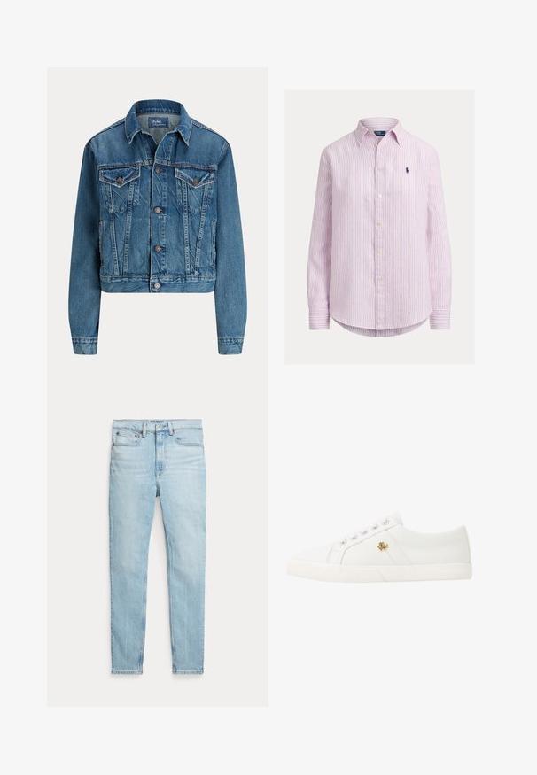 Chaqueta de mezclilla recortada en azul claro, con cierre de botones, dos bolsillos en el pecho y detalles sutiles de desgaste. Cuello clásico y mangas largas.; Camisa de botones con rayas moradas claras, cuello puntiagudo, mangas largas y un pequeño logo bordado en el pecho. Textura de tela de algodón.; Jeans de mezclilla azul claro con un ajuste slim, diseño de cinco bolsillos y detalles de costura a lo largo de las junturas. Cuenta con una pretina estándar y cierre de cremallera.; Lauren Ralph Lauren JANSON II CANVAS SNEAKER - Zapatillas - optic white