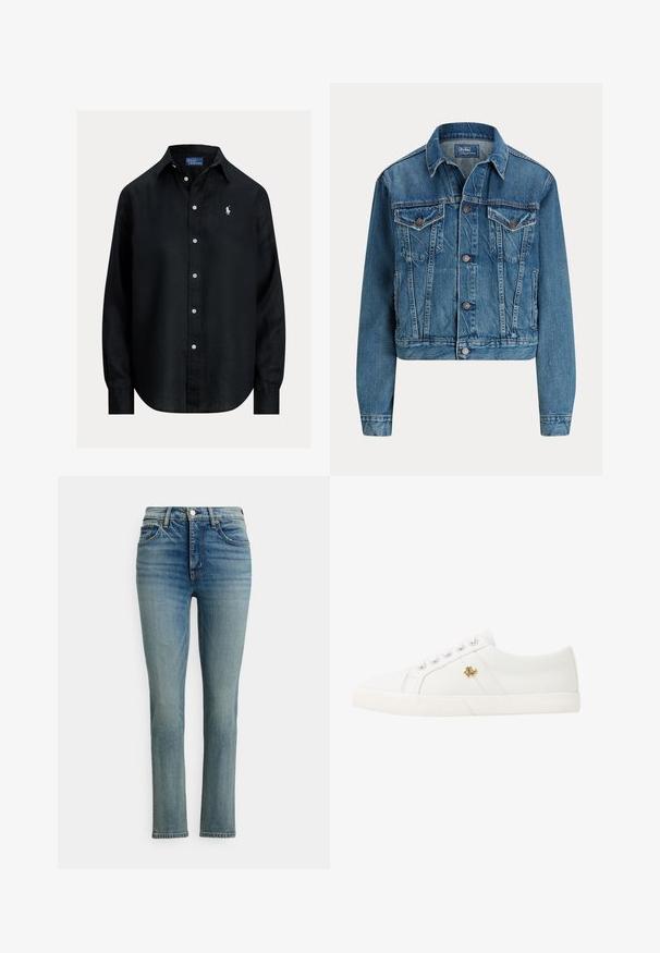Heledatud denim-jakk helesinisena, millel on nööbikinnitus, kaks rinna taskut ja peened kulumisdetailid. Klasikaline krae ja pikad varrukad.; Must pikkade varrukatega triiksärk, nööpidega, kraega, valgete nööbidega ja vasakul rinnal väike valge tikandiga Polo Ralph Lauren logo.; helehele sinised teksad sirge sääre lõikega, millel on nööpkinnis, esitaskud ja õrn pleekinud tekstuur. Kvaliteetne teksariidest materjal.; Lauren Ralph Lauren JANSON II CANVAS SNEAKER - Tossud - optic white