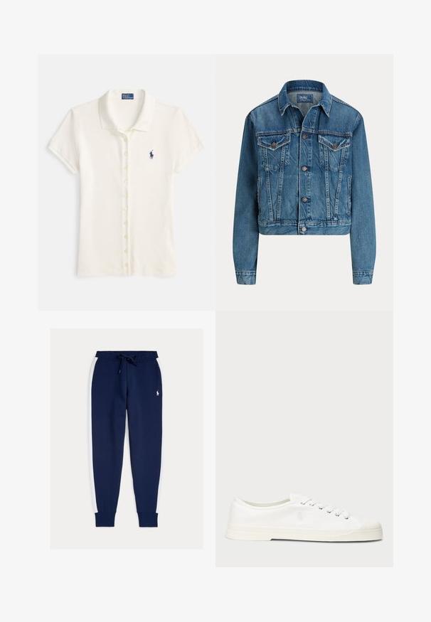 Heledatud denim-jakk helesinisena, millel on nööbikinnitus, kaks rinna taskut ja peened kulumisdetailid. Klasikaline krae ja pikad varrukad.; Polo-särk valgest puuvillast, lühikeste varrukatega, kraega ja nööbiribaga. Ees väike tumesinine logo rinnal.; Tumesinised dressipüksid valgete küljeribadega, elastse vöökohaga ja nööriga, soonikkoes ääristega pahkluudes ning väikese logoga ees. Pehme kangatekstuur.; Valge kanga tennisetoss, millel on ümmargune varvas, ketti sulgemine ja peen logo detail. Omab tekstuurset kangast ja kummist talla.