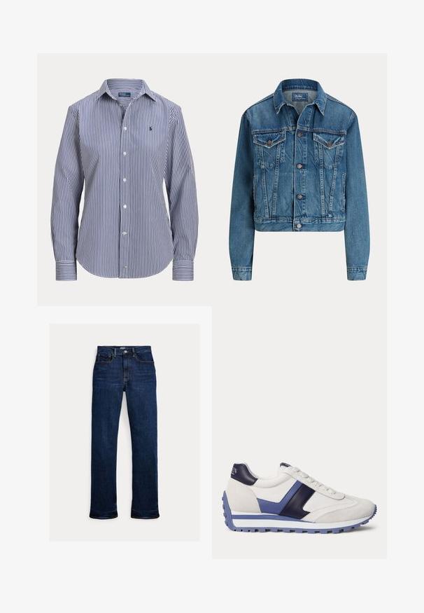 Kort denimjakke i lys blå, med knaplukning, to brystlommer og diskrete slidser. Klassisk krave og lange ærmer.; Langærmet skjorte med blå og hvide lodrette striber, krave og lille broderet logo på brystet.; Mørkeblå straight-leg jeans med frontknap og lynlås, fem-lomme design og synlige syninger.; Hvid sneaker med blå og navy accenter, ruskindssnude, snøredesign og tekstureret sål for greb.